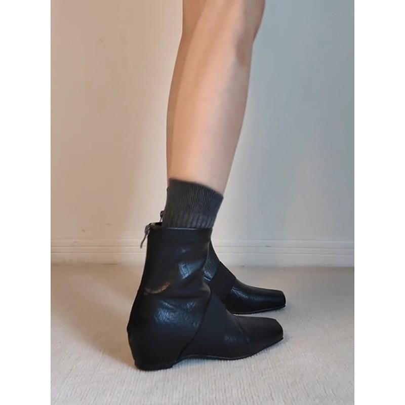 Sheepskin Version~ French Retro Square Head Inner Height Increase Thin Boots Women's Fashion Simple Black Versatile Short Boots Martin Boots