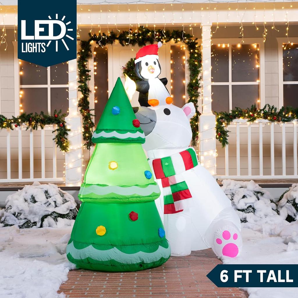 JOYFY 6 ft Christmas Polar Bear Inflatable Decoration with Penguin & Xmas Tree Décor for Christmas Party Yard Winter Decoration