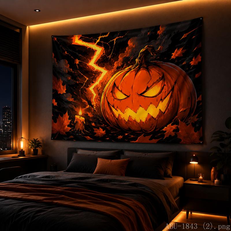 Halloween Horror Pumpkin Tapestry Spooky Storm Night Wall Art for Halloween Party Home Decor