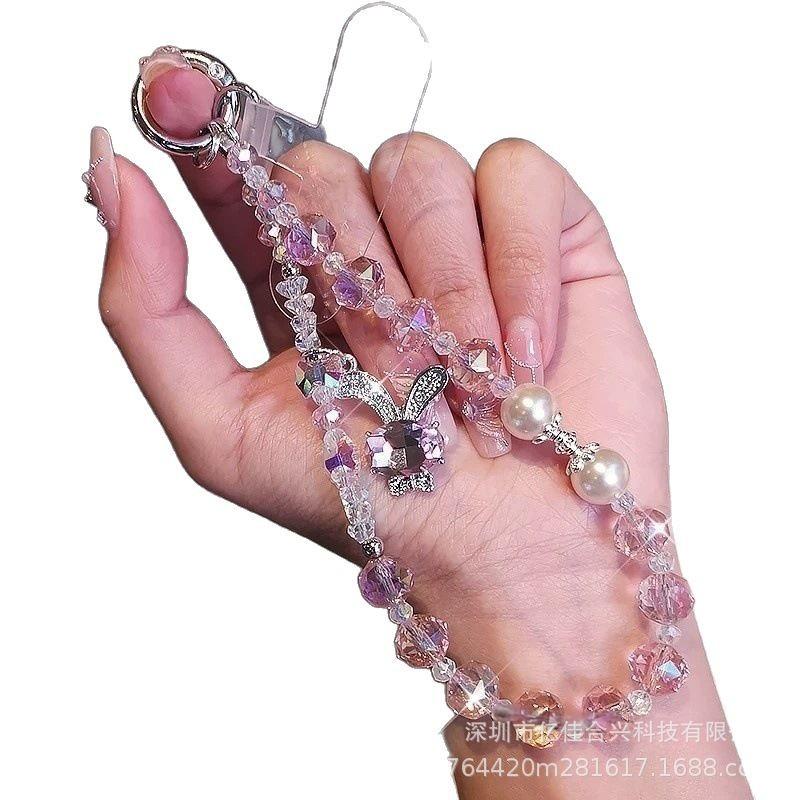 New Crystal Pearl Crystal Lanyard Beaded Mobile Phone Lanyard Wholesale Dream Rabbit Rhinestone Pendant