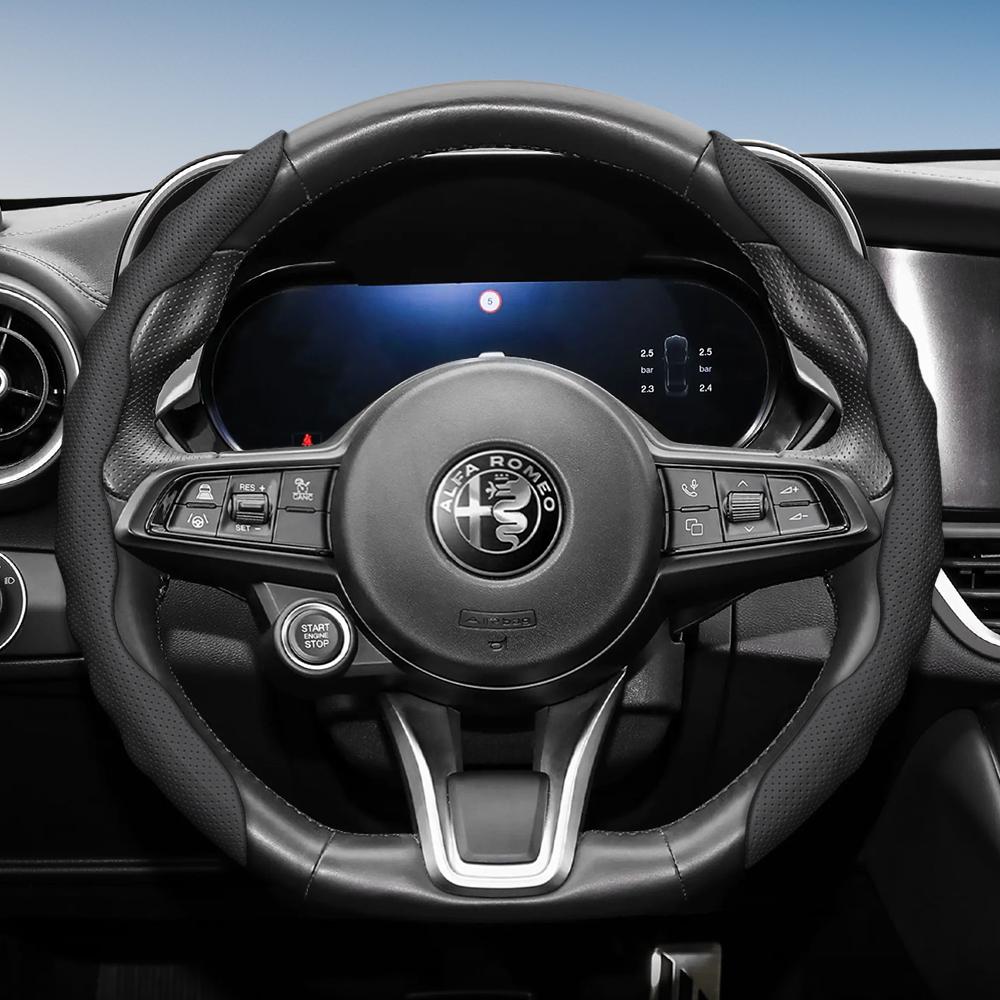 

Steering Wheel Cover Suitable for Alfa Romeo, Wave-Shaped Sporty Design, Breathable Leather, Segmented, Non-Slip, Sweat-Absorbent, Giulia 952,