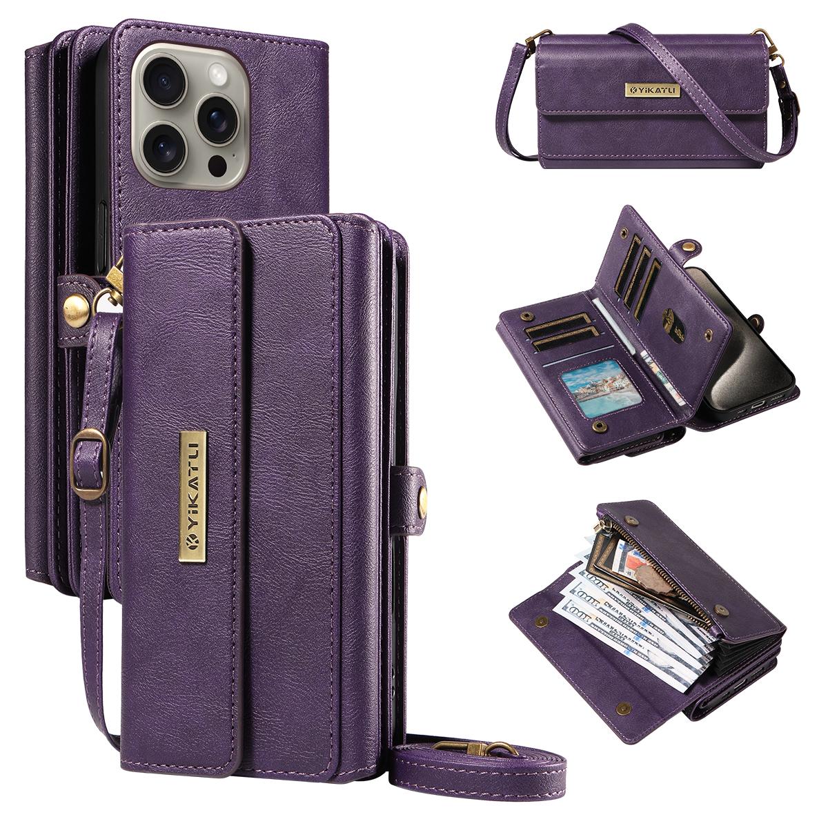 

For iPhone 15 Pro Max Case YIKATU YK-008 Zipper Wallet Leather Phone Cover with Shoulder Strap Purple