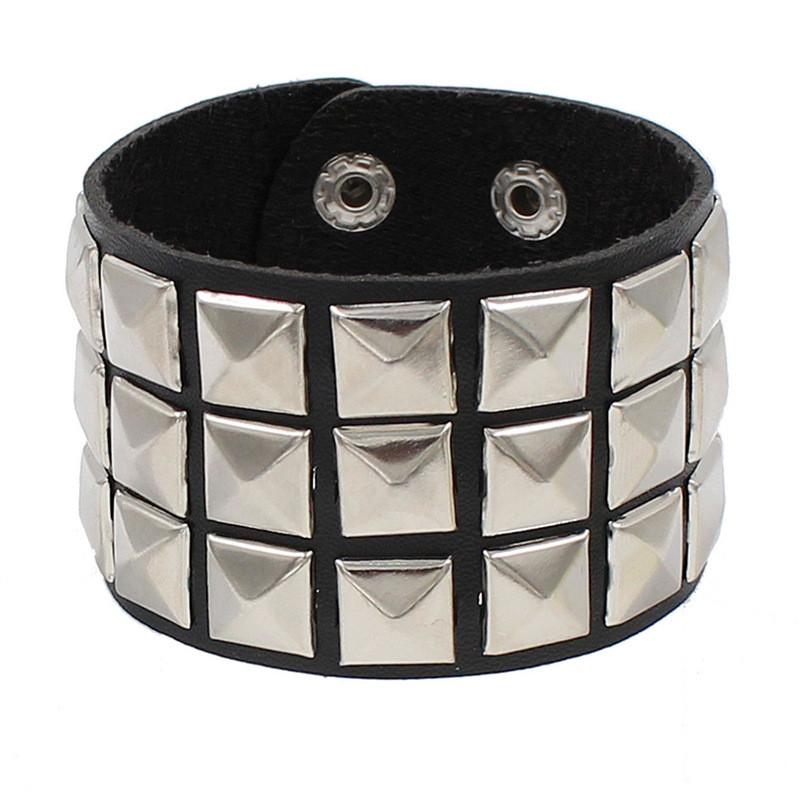 New Unique 3 Row Cuspidal Spikes Rivet Stud Wide Cuff Leather Punk Gothic Rock Unisex Bangle Bracelet Men Jewelry