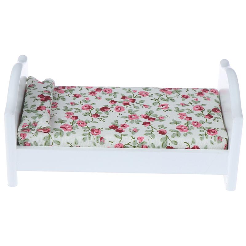 1/12 Casa delle Bambole Miniatura Letto in Legno con Cuscino Mobili Camera da Letto Casa delle Bambole