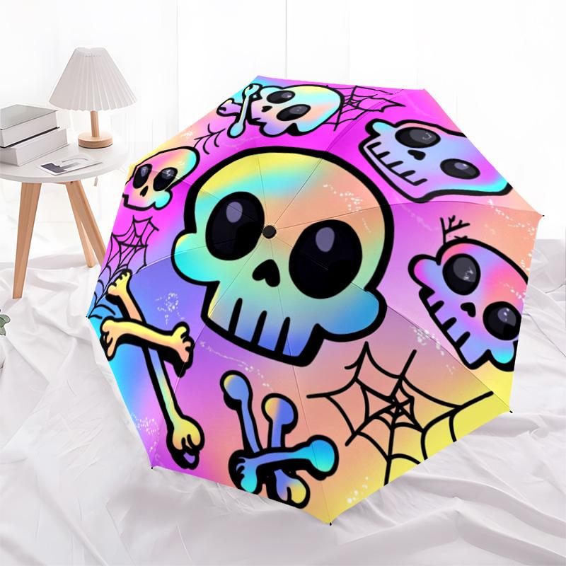 1 PC Automatic Folding Umbrella - Colorful Skulls Pattern, Portable & Foldable Design with 8 Ribs, Christmas Birthday Gifts