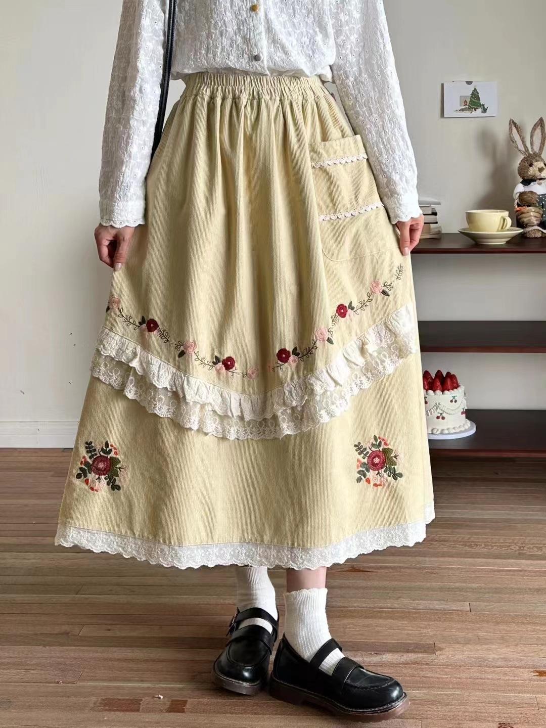 

Юбка из вельвета с кружевной вышивкой Johnature Forest, осенняя винтажная лоскутная кружевная цветочная женская свободная юбка One Size бежевый