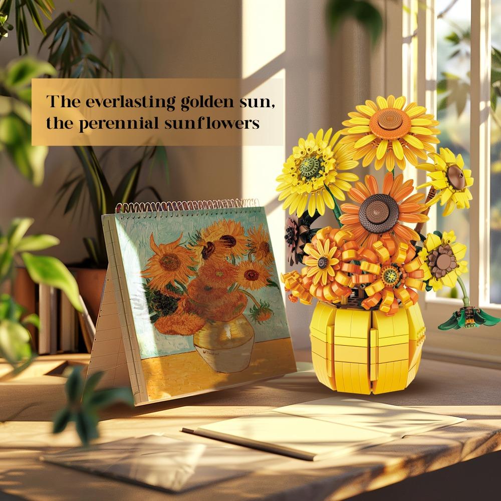 Sunflower Building Blocks Set, Artificial Flower Bouquet for Home Decor, DIY Building Toy Gift for Adults and Kids
