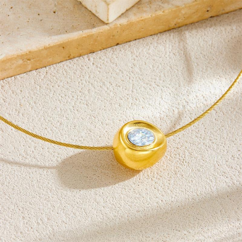 Gold Oval Cubic Zirconia Pendant Steel Wire Choker Necklace for Women