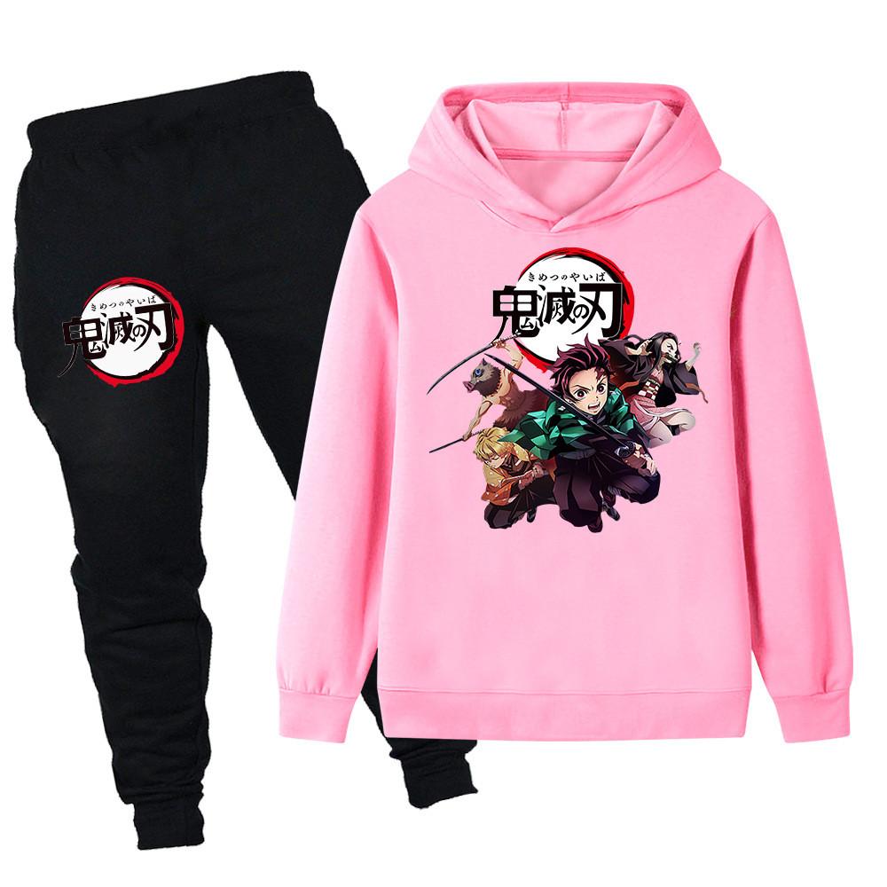 PB095 Kids Boys Girls Kimetsu No Yaiba Print Long Sleeves Hoodie Pants Trousers Clothes Sets