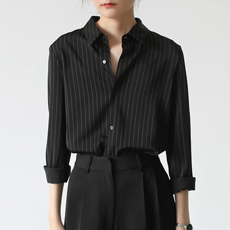 Unique Black Shirt for Women New Early Autumn Top Design Niche Sense Vertical French Stripe Shirt