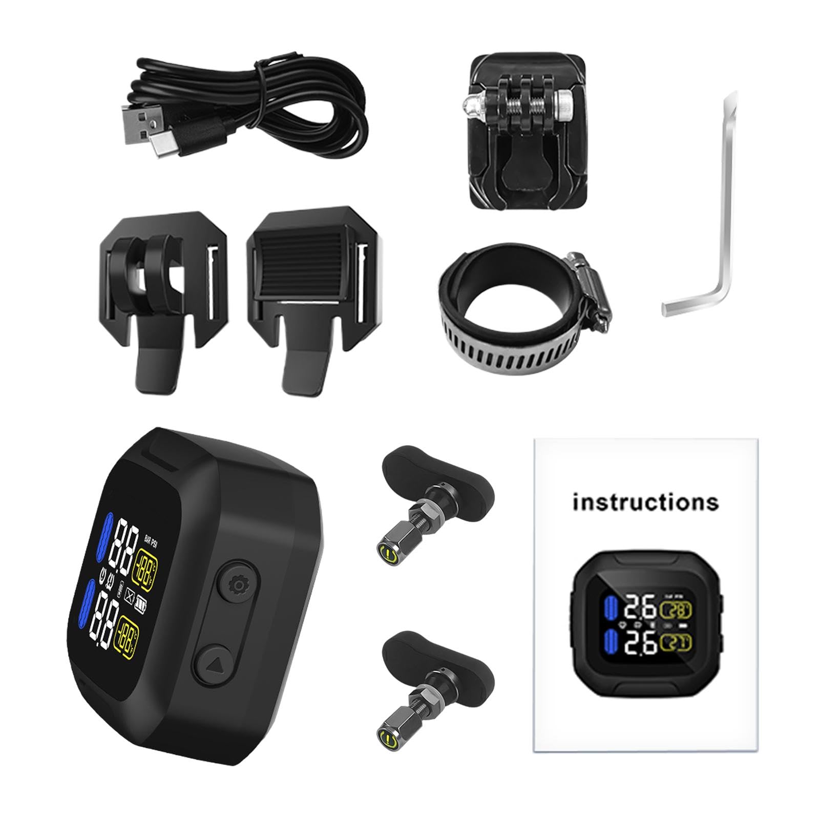 Wireless Motorcycle TPMS, Wireless TPMS for Motorcycles - Wireless TPMS Solar USB Tire Pressure See description