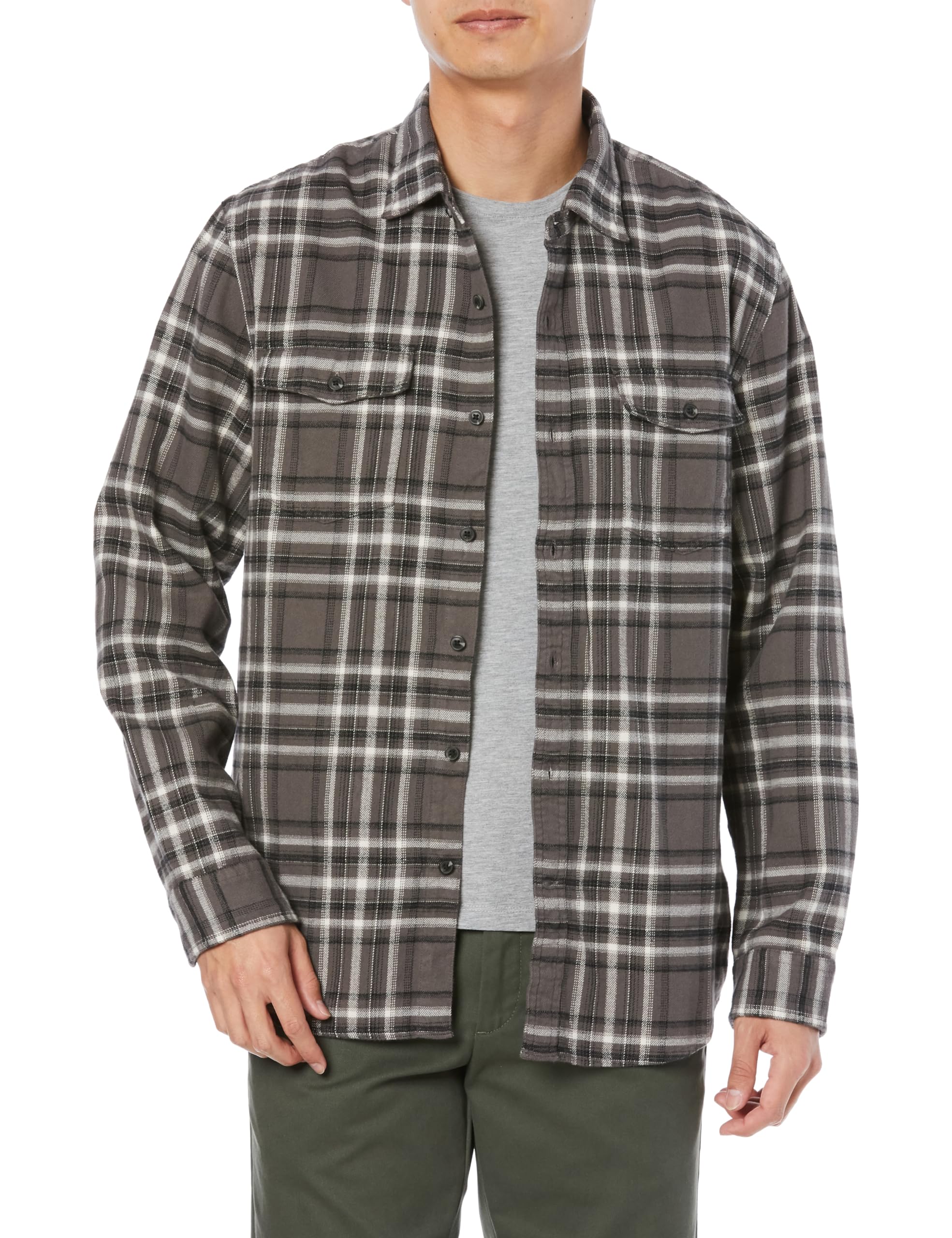 

Amazon Essentials Gray Plaid Flannel Slim Long Size L Men s Shirt, 2-Pocket, Fit, Sleeve,