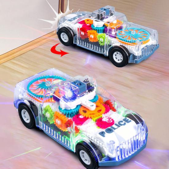 Light Up Toy Car with Universal Wheels Transparent Car Model with Colorful LED Lights Spinning Gears Music Mini Car Sensory Toys for Boys 3+