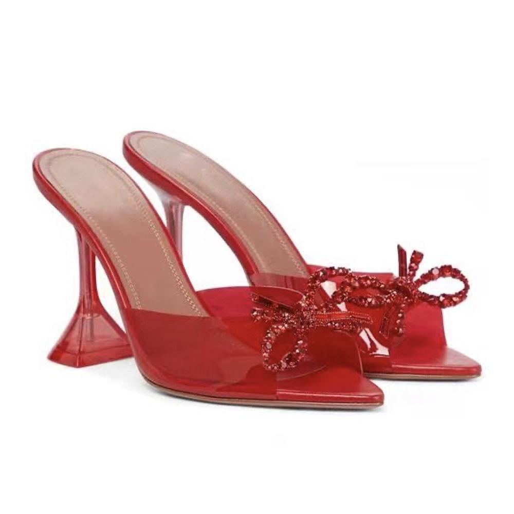 Fashion Big Size 35-45 Transparent PVC Women Slippers Fashion Crystal Bowknot High Heels Jelly Shoes Summer Female Green Mules Slides