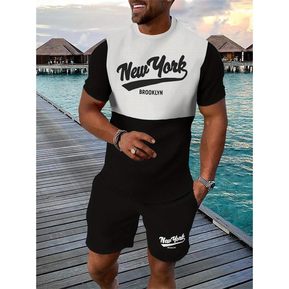 Men's Breathable Athletic Set Summer 3D Letter Print T-Shirt And Shorts Set Adult Lightweight Fitness Wear Casual Sportswear Set