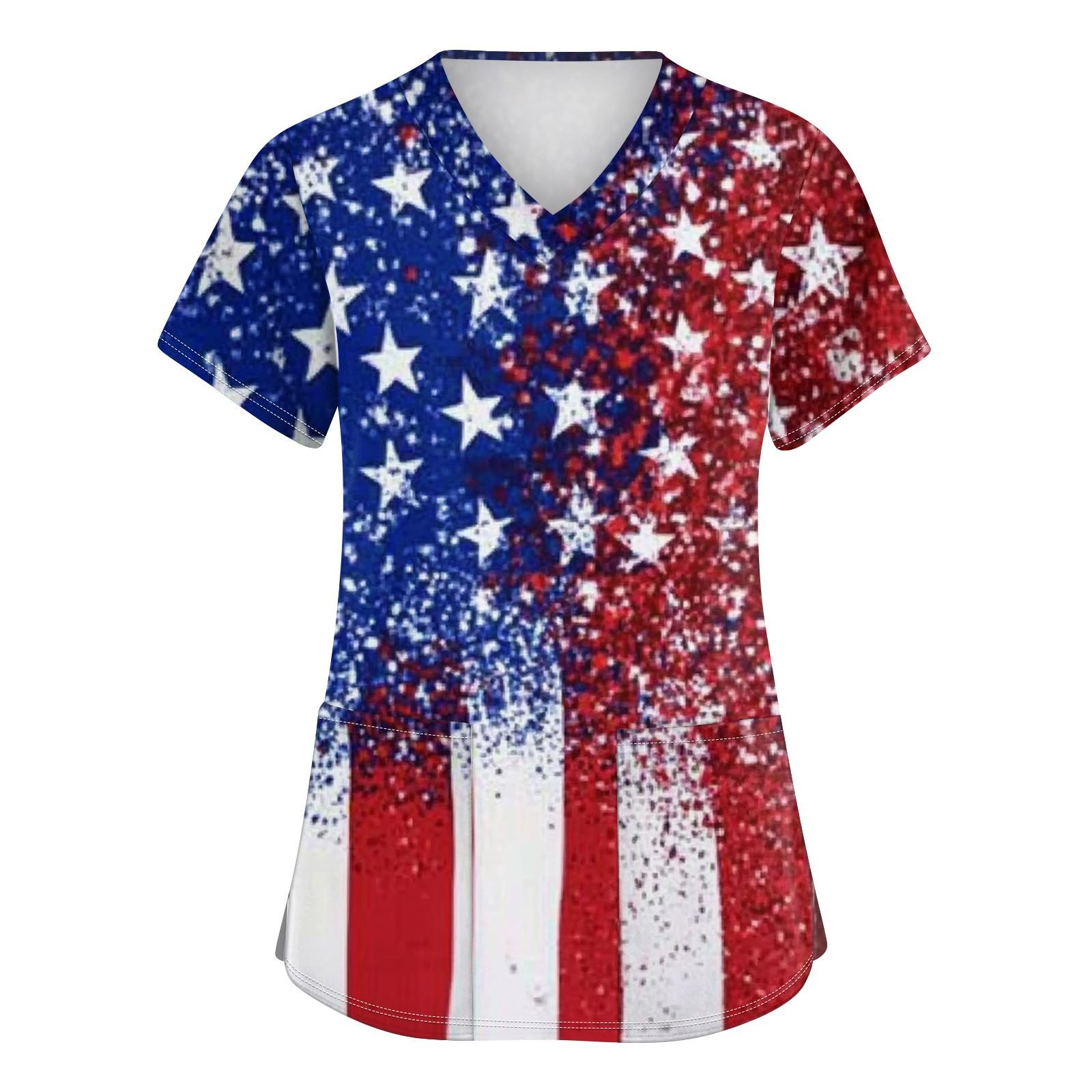 

Женская мода V-образный вырез короткий рукав рабочая одежда с карманами День независимости принтованные топы XXL