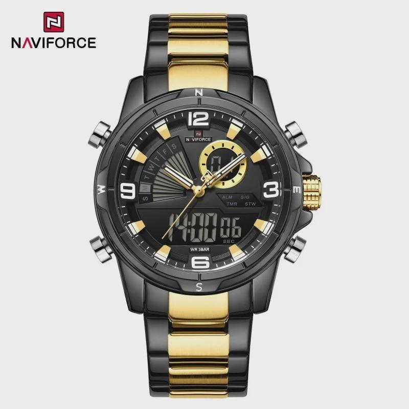 Mens Multifunctional Double-Display Watches Date Stainless Steel Watchband LED Luminous Mode Waterproof Wrist Watch
