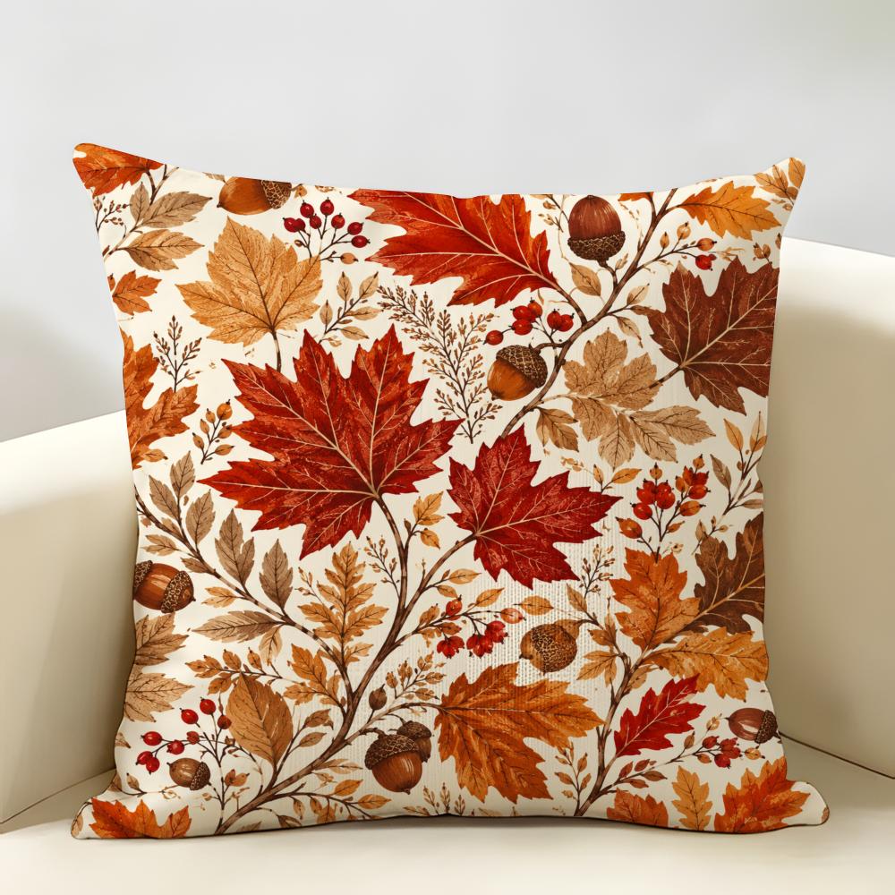 Autumn Maple Leaf Pattern Cushion Cover Durable Hypoallergenic Organic Linen Pillow Cover Short Size Washable Skin-Friendly