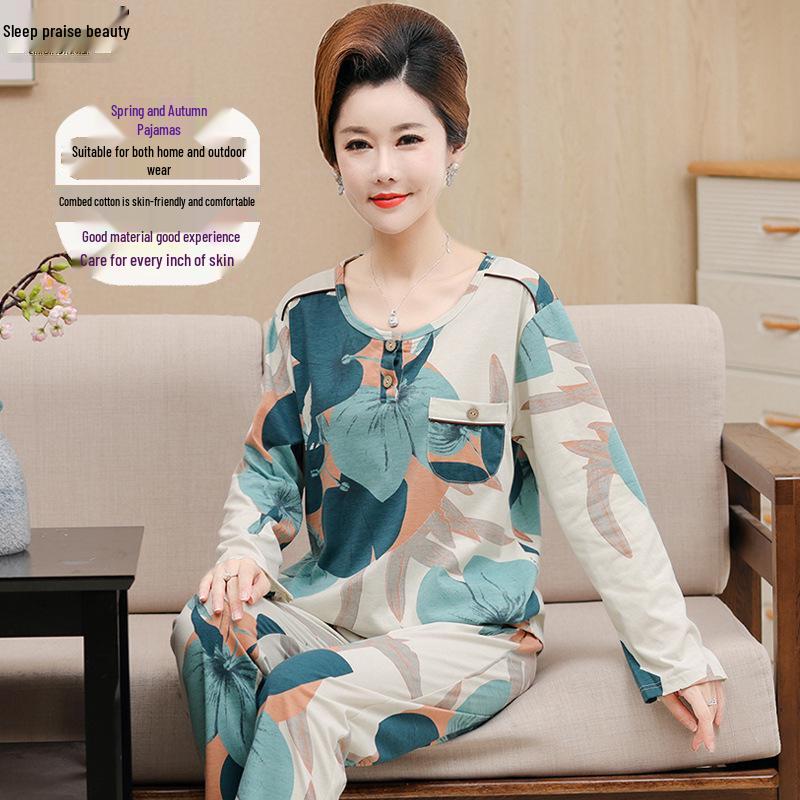 Women's Plus Size Knitted Cotton Home Wear for the Middle-Aged and Elderly - Suitable for Autumn and Spring
