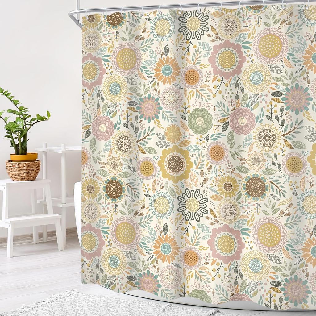 Retro Floral Shower Curtain Colorful Daisy Pattern Leaf Motif Bohemian Design Waterproof Bath Linen Home Decor Item