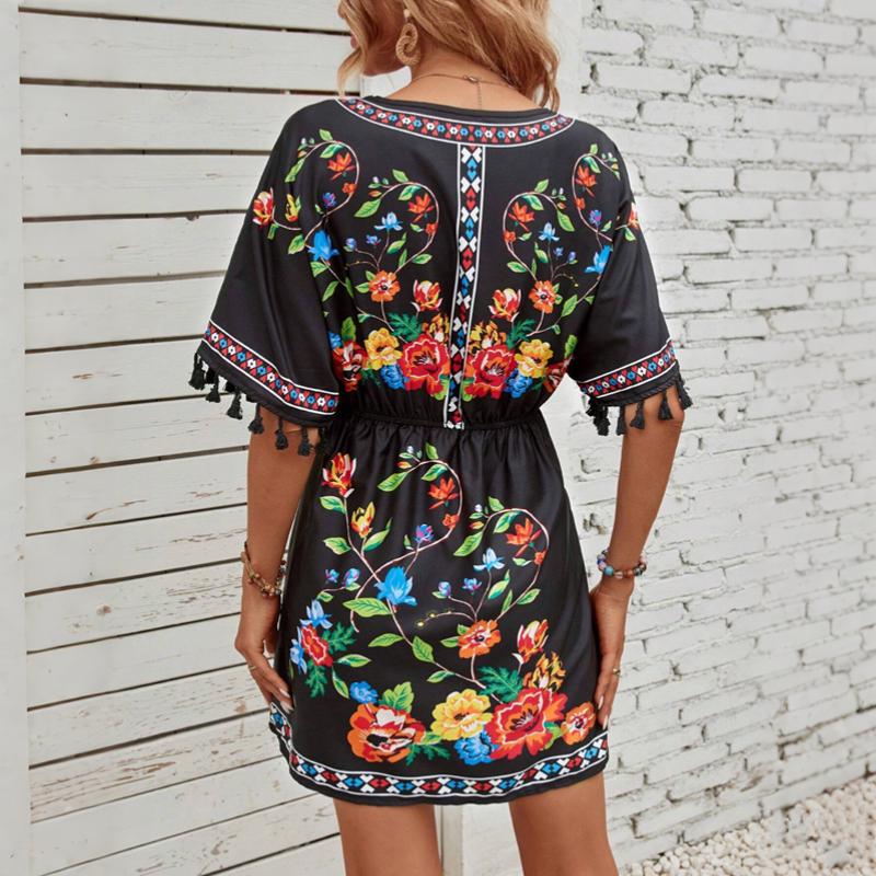 Sommer Neue Mode Vestidos Damen Lässig Sexy Große Größen Vintage Strand Kurzarm Druck Mini Kleid S-2XL