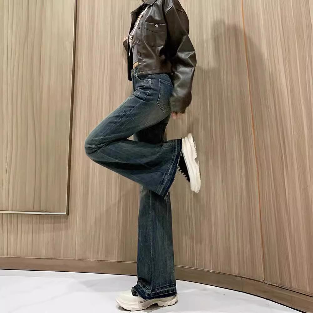 Women's Retro High-Waist Flared Jeans with Raw Edge - Slim Fit for Petite Sizes, No Leg-Snapping