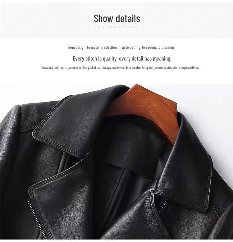 Women's Genuine Sheepskin Slim Motorcycle Leather Jacket with Suit Collar (Spring/Autumn 2026)