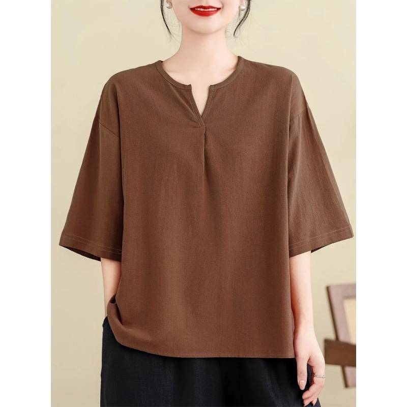 

Womens Brown Cotton T Shirt Casual Small V Neck Drop Shoulder Loose Fit Blouse M коричневый