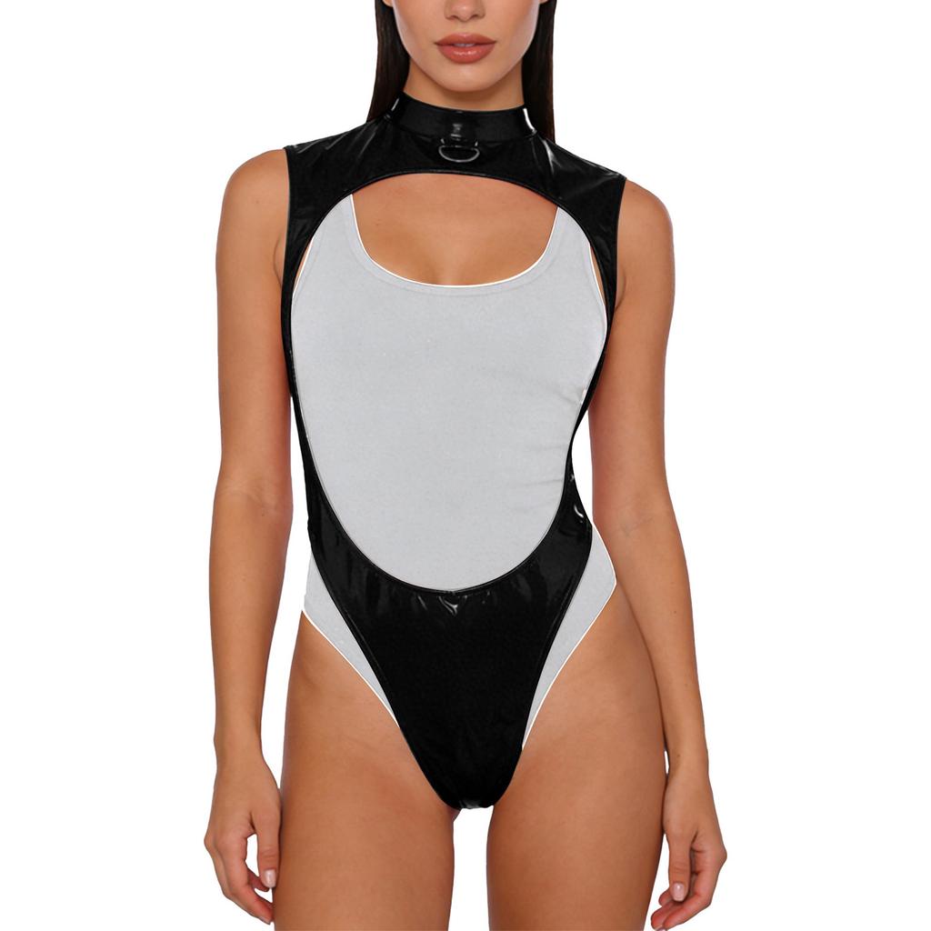 Womens Glossy Pu Leather Bodysuit Mock Neck Metal D Ring Open Front Backless High Cut Leotard