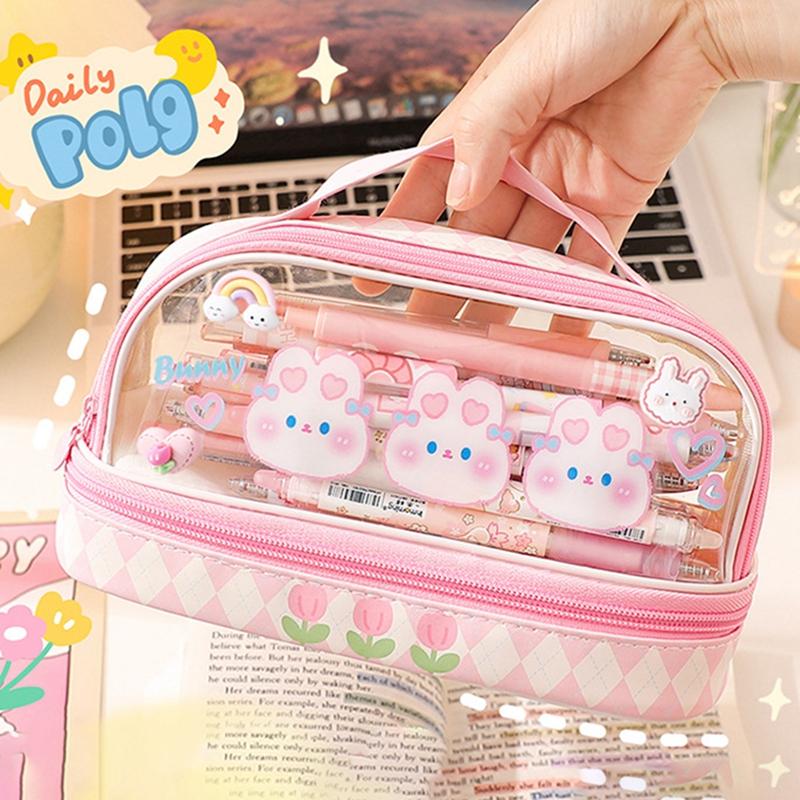 Pencil Case Double Layer Large Capacity Pen Bag Cartoon Portable Pencil Box School Student Supplies Stationary Organizer