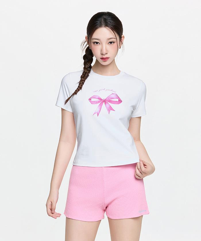 Emelbi Women'S Ribbon Graphic Slim Semi-Crop Short Sleeve T-Shirt Ny (White)