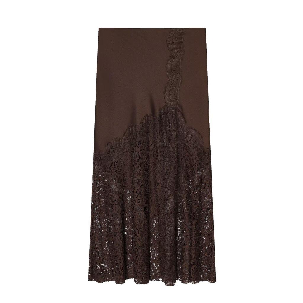2026 European Style Women's Mid-Length Lace Silk Satin Skirt