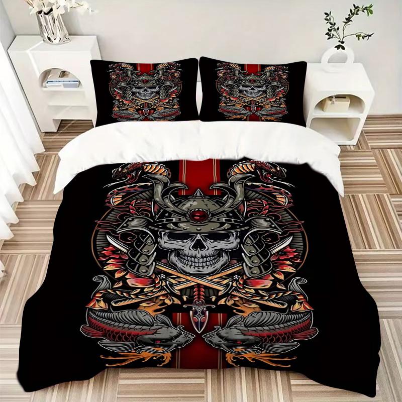 3pcs Anime Samurai Skull Decorative Bedding Set - Includes One Quilt Cover and Two Pillowcases (No Core) - Perfect for Bedroom and Guest Room Decorati