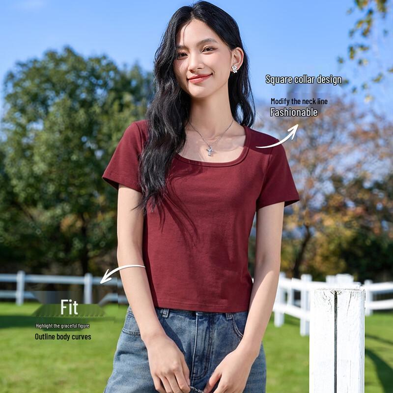 MINISO Women's U-Neck Slim-Fit Short Sleeve T-Shirt