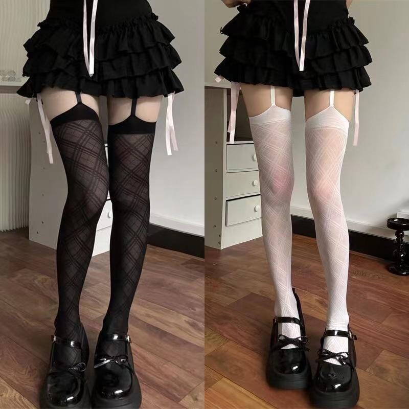 Lolita JK Sweet Rhombus Striped Suspender Stockings Women's Sexy Thigh High Long Socks Exquisite Soft Knee High Socks Leggings