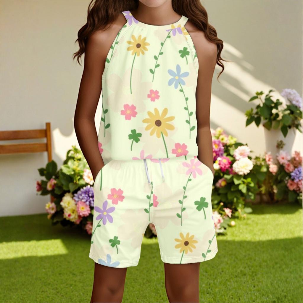 Children's Casual Fashion Round Neck Sleeveless  Top Shorts Set