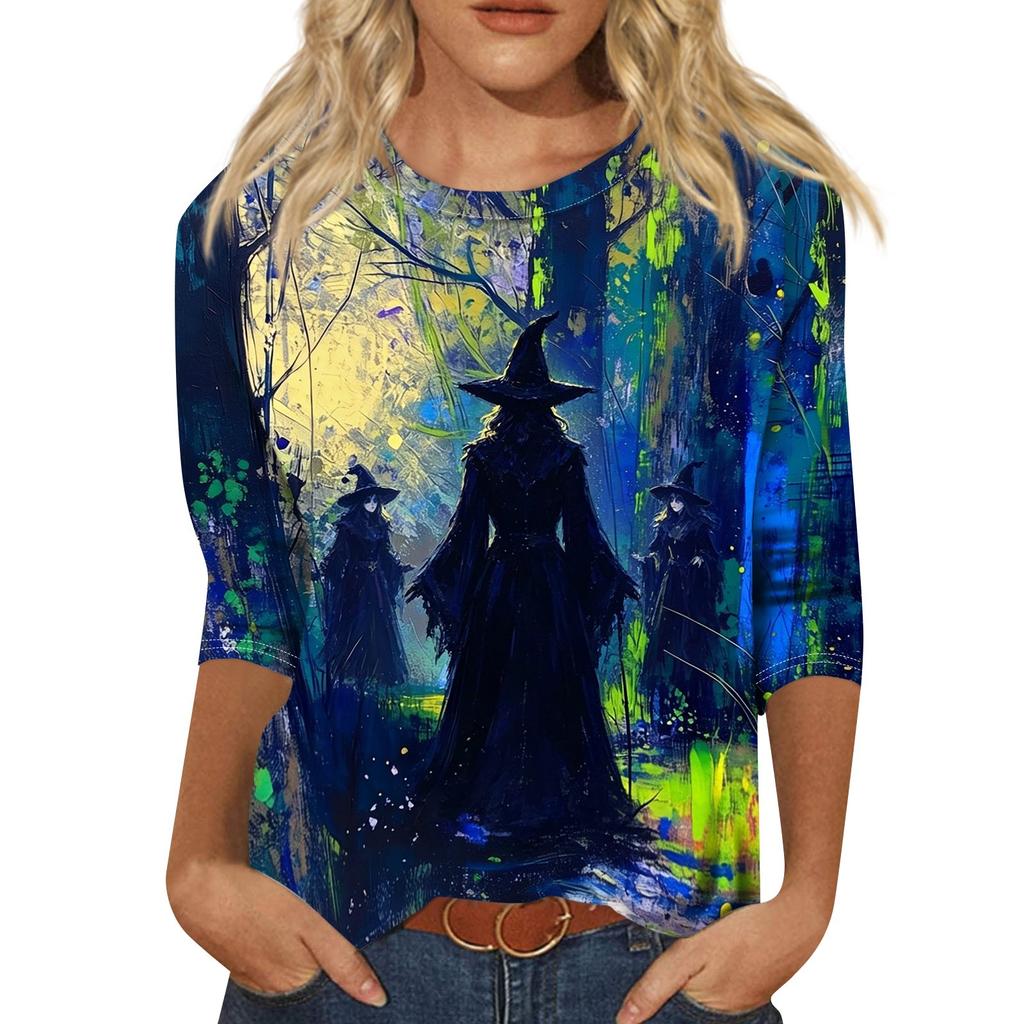 Women’s Halloween Print Crew Neck Three Quarter Sleeve Casual Top with and Bat Graphic for Holiday and Everyday Wear