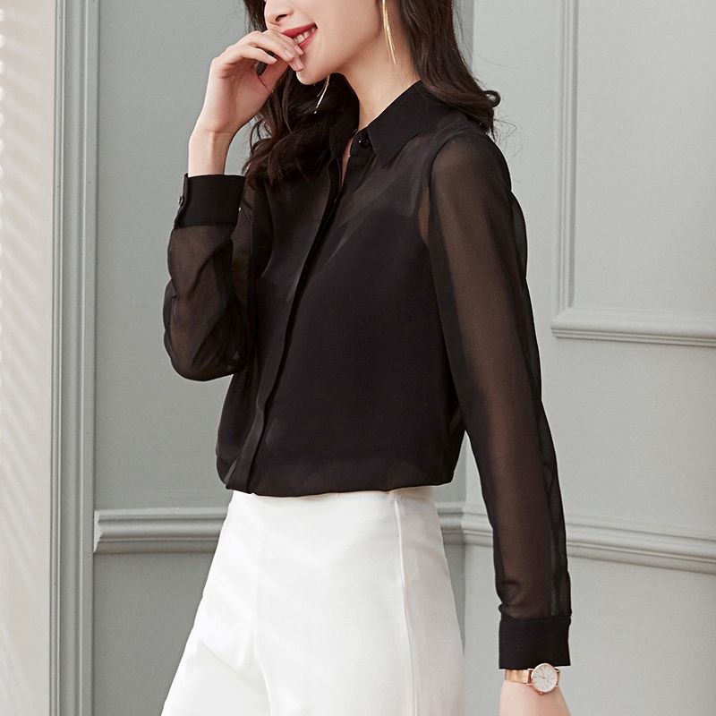 Letní móda Černá šifonová košile Dámská Dlouhý rukáv Průsvitná síťovina Ochrana před sluncem Sexy top