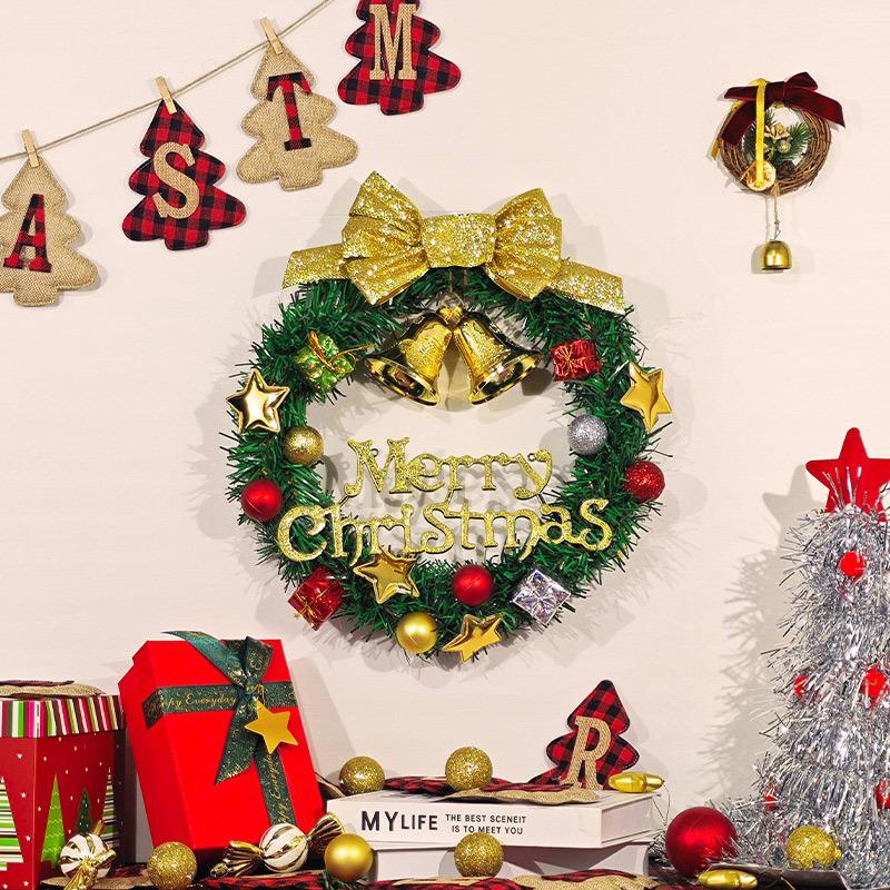 Christmas Wreath Front Door Hanging Ornaments Artificial Wreath Bell Gift Bow Stars For Christmas Tree Home Windows Decor
