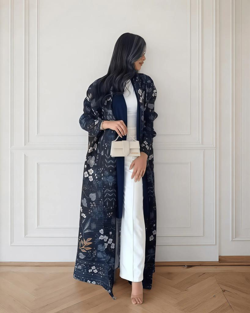 Fold Elegant Vintage Print Open Front Miyake Abaya, Lightweight Flowy Loose Fit Women's Modest Fashion Long Kimono Cardigan
