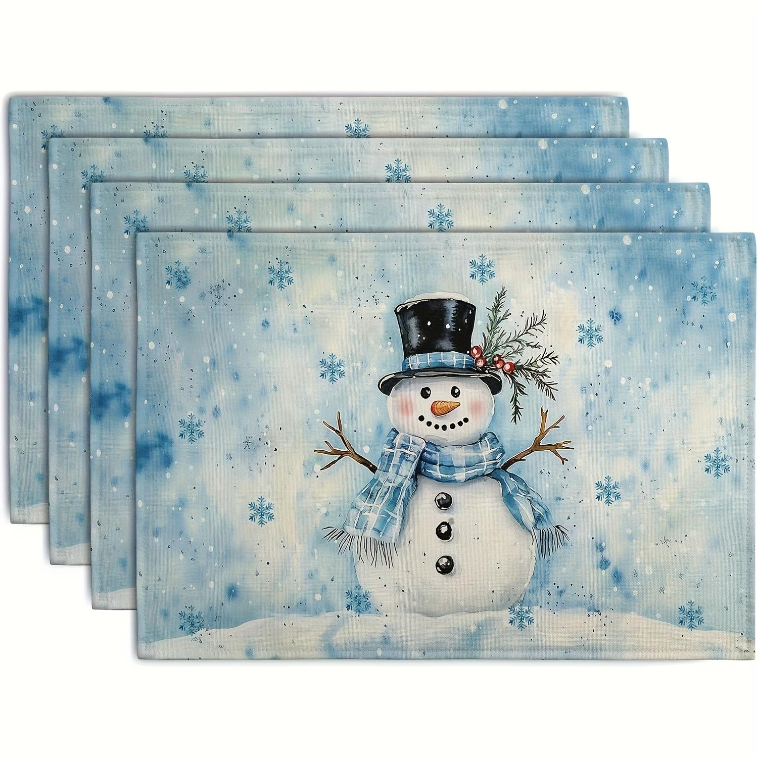 ,4pcs,Dokriy,linen,Blue Snowman Snowflake Winter Placemats,Seasonal Christmas Holiday Snowflake Snowman Farmhouse Country Placem 30x45cm-4PC