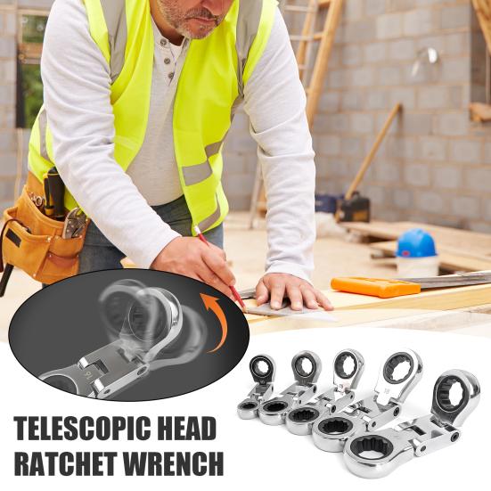 5Pcs/Set Ratchet Wrench Set with Storage Bag Metric Telescopic Head Flex Head Stubby Wrenches Sturdy Short Wrench Set