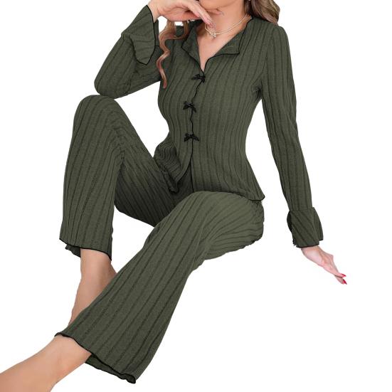 Women 2 Piece Lounge Set Ribbed Button Down Lapel Collar Bowknot Pajamas Set Long Sleeve Soft Comfy Pjs Sleepwear