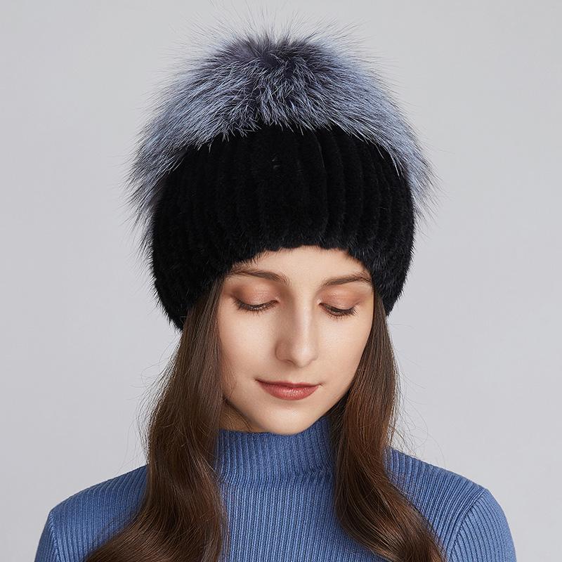 Natural Mink Fur Hats for Women Winter Hand Woven Fur Tail Fox Fur Knit Caps Fashion Design Warm Female Ski Beanie