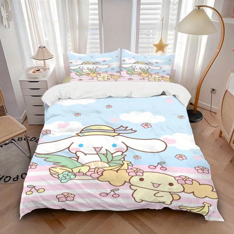 3pcs Cinnamoroll & Friend Theme Printed Quilt Set - Soft and Comfortable Quilt Cover for Bedroom, Guest Room and Dormitory Decorative Beddin