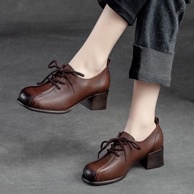 Chaussures rétro à talons moyens pour femmes, escarpins de couleur unie, en cuir véritable, bout rond, chaussures à lacets faites à la main