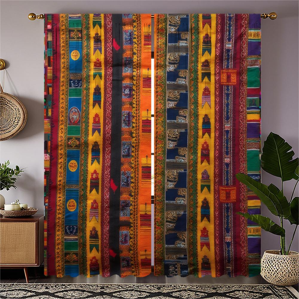

Piece Set High Definition Digital Printed Curtaincolorful Ethnic Pattern Striped Curtain Pole Hanginghome Decoration St Polyester W100*H70(CM)-Grommet top&1PCS