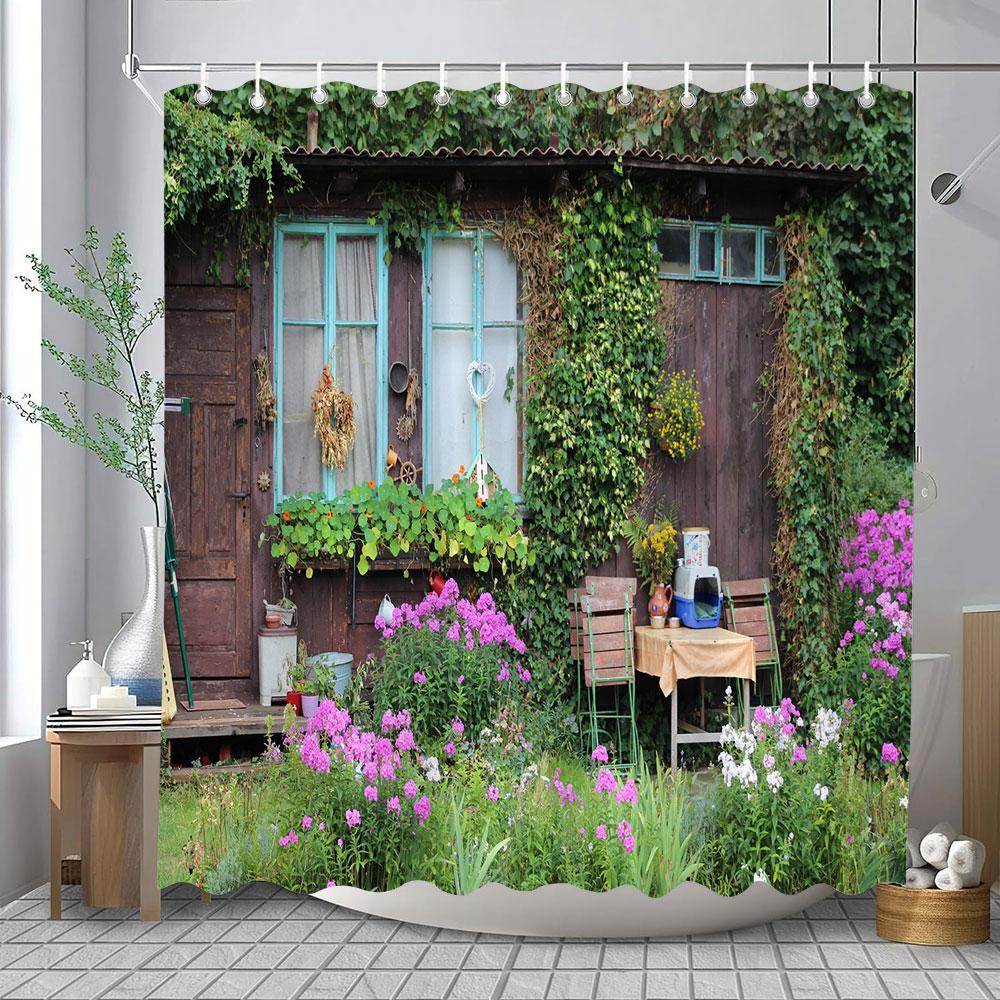 Full Of Flowers European Window Wall Shower Curtain Natural Scenery Outdoor Garden Poster Polyester Bath Curtains Bathroom Decor