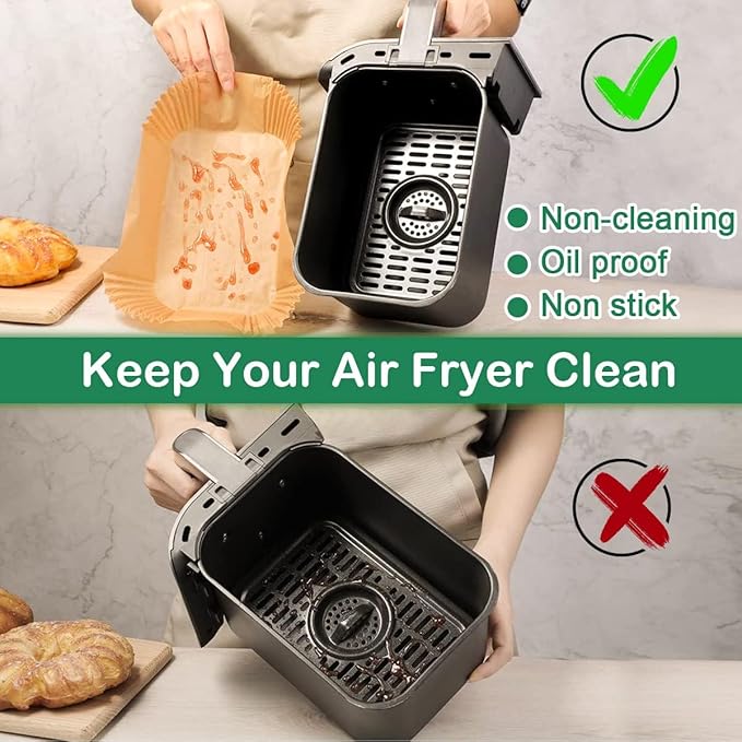 200 Pcs Air Fryer Parchment Paper Liners, 22×14cm Rectangular, Brown, Non-Stick Oil-Proof Baking Sheets