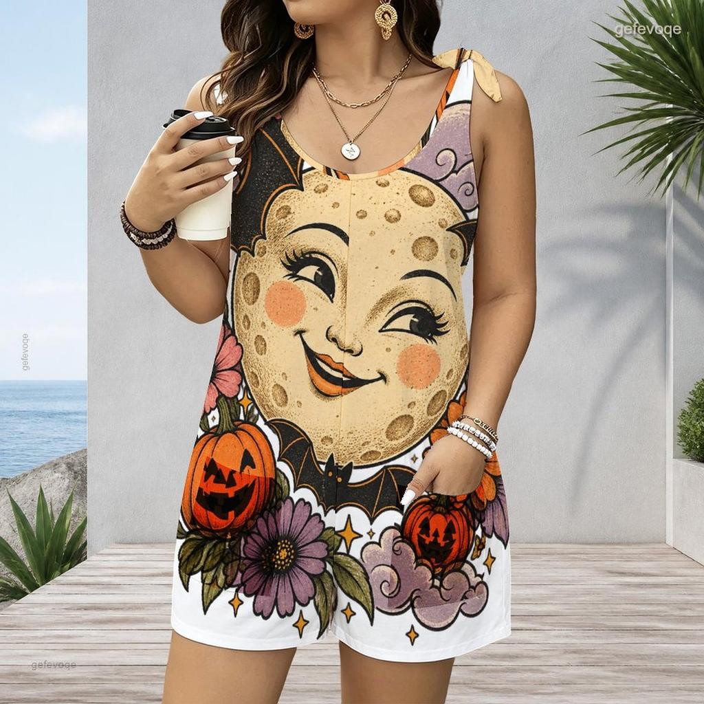 Women Plus Size Crew Neck Tank Romper Sunflower Floral Print Jumpsuit Shorts